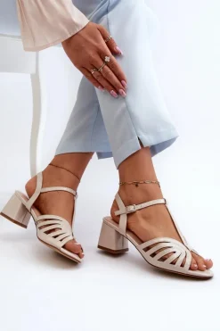 Lakierowane Damskie Sandały Na Obcasie Sergio Leone SK880 Beżowe