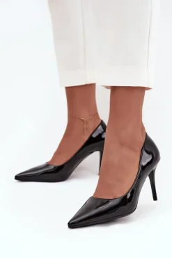 Lakierowane Eko Skórzane Szpilki Damskie Ze Szpiczastymi Noskami Czarne Jadira