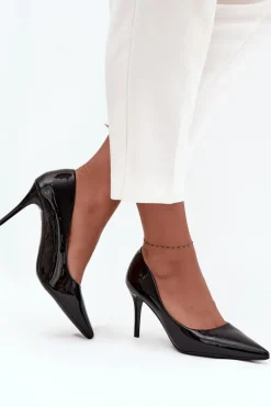 Lakierowane Eko Skórzane Szpilki Damskie Ze Szpiczastymi Noskami Czarne Jadira