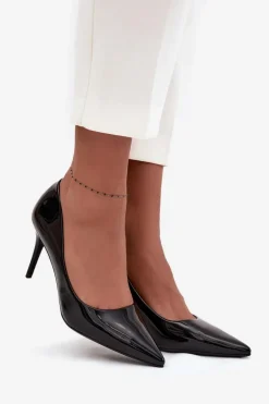 Lakierowane Eko Skórzane Szpilki Damskie Ze Szpiczastymi Noskami Czarne Jadira