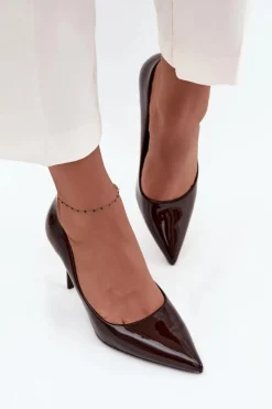 Lakierowane Eko Skórzane Szpilki Damskie Ze Szpiczastymi Noskami Czekoladowe Jadira