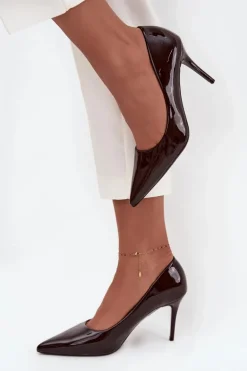 Lakierowane Eko Skórzane Szpilki Damskie Ze Szpiczastymi Noskami Czekoladowe Jadira