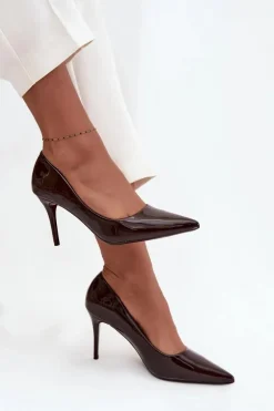 Lakierowane Eko Skórzane Szpilki Damskie Ze Szpiczastymi Noskami Czekoladowe Jadira