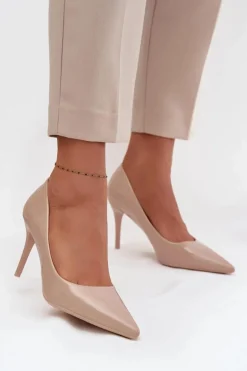 Lakierowane Eko Skórzane Szpilki Damskie Ze Szpiczastymi Noskami Beżowe Jadira