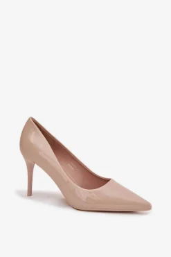 Lakierowane Eko Skórzane Szpilki Damskie Ze Szpiczastymi Noskami Beżowe Jadira