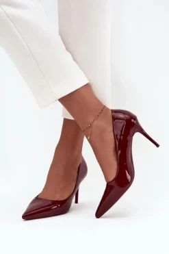 Lakierowane Eko Skórzane Szpilki Damskie Ze Szpiczastymi Noskami Bordowe Jadira