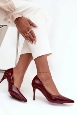 Lakierowane Eko Skórzane Szpilki Damskie Ze Szpiczastymi Noskami Bordowe Jadira