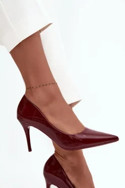 Lakierowane Eko Skórzane Szpilki Damskie Ze Szpiczastymi Noskami Bordowe Jadira