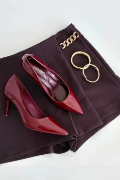 Lakierowane Eko Skórzane Szpilki Damskie Ze Szpiczastymi Noskami Bordowe Jadira