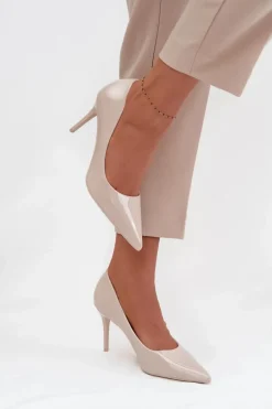 Lakierowane Eko Skórzane Szpilki Damskie Ze Szpiczastymi Noskami Jasnobeżowe Jadira