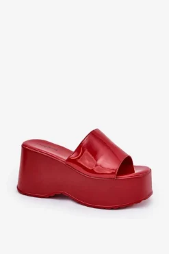 Lakierowane Klapki Damskie Na Platformie I Koturnie Czerwone Nellevia