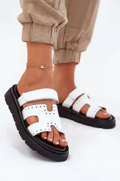 Lakierowane Klapki Damskie Z Naturalnej Skóry Na Platformie Zazoo 40440 Białe