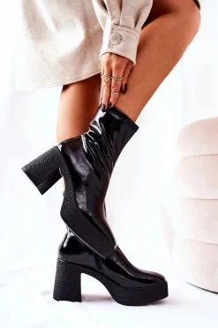 Lakierowane Kozaki Botki Na Słupku Czarne Myrialla