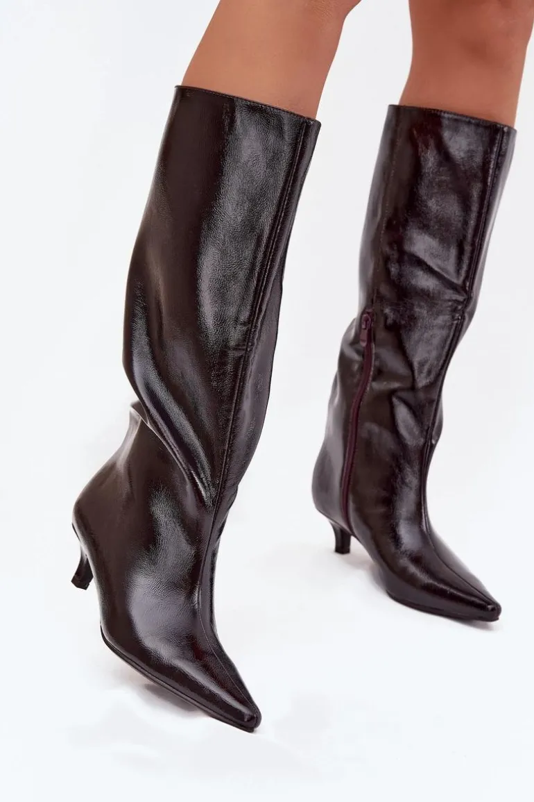 Lakierowane Kozaki Damskie Na Niskim Obcasie Bordowe Mireva