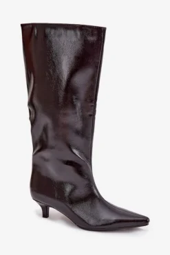 Lakierowane Kozaki Damskie Na Niskim Obcasie Bordowe Mireva