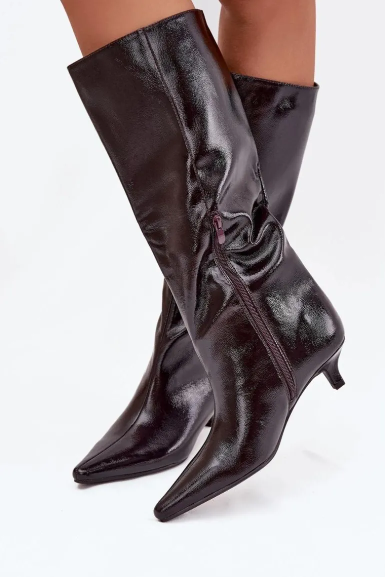 Lakierowane Kozaki Damskie Na Niskim Obcasie Bordowe Mireva