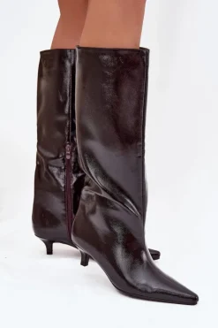 Lakierowane Kozaki Damskie Na Niskim Obcasie Bordowe Mireva