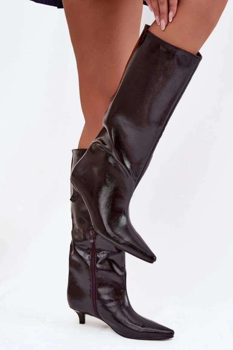 Lakierowane Kozaki Damskie Na Niskim Obcasie Bordowe Mireva