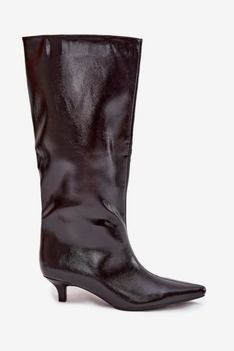 Lakierowane Kozaki Damskie Na Niskim Obcasie Bordowe Mireva