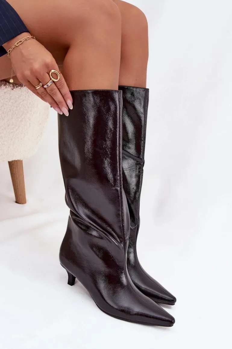 Lakierowane Kozaki Damskie Na Niskim Obcasie Bordowe Mireva