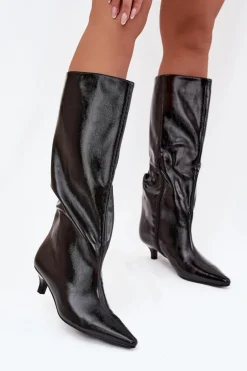 Lakierowane Kozaki Damskie Na Niskim Obcasie Czarne Mireva