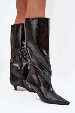 Lakierowane Kozaki Damskie Na Niskim Obcasie Czarne Mireva