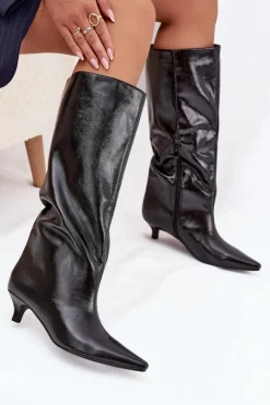 Lakierowane Kozaki Damskie Na Niskim Obcasie Czarne Mireva