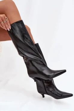 Lakierowane Kozaki Damskie Na Niskim Obcasie Czarne Mireva