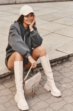 Lakierowane Kozaki Na Masywnej Platformie Z Suwakiem Beżowe Ringo