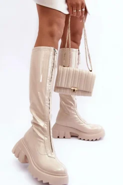 Lakierowane Kozaki Na Masywnej Platformie Z Suwakiem Beżowe Ringo