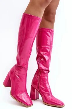 Lakierowane Kozaki Na Słupku Przed Kolano Fuksja Mlokva