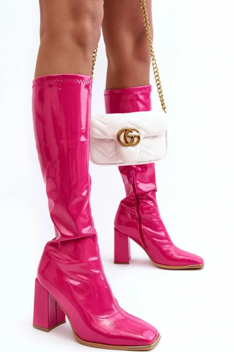 Lakierowane Kozaki Na Słupku Przed Kolano Fuksja Mlokva