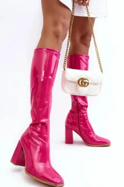 Lakierowane Kozaki Na Słupku Przed Kolano Fuksja Mlokva