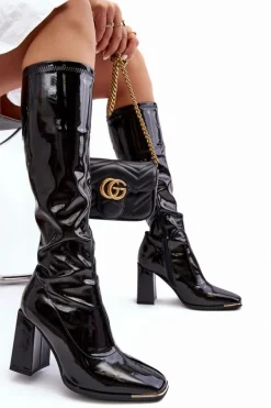 Lakierowane Kozaki Na Słupku Przed Kolano Czarne Mlokva