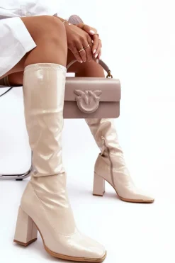 Lakierowane Kozaki Na Słupku Przed Kolano Beżowe Mlokva