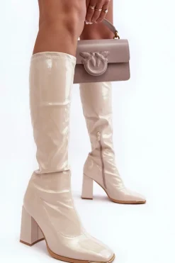 Lakierowane Kozaki Na Słupku Przed Kolano Beżowe Mlokva