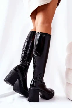 Lakierowane Kozaki Na Słupku Czarne Bornore