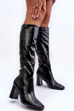 Lakierowane Kozaki Na Słupku Czarne Nizo