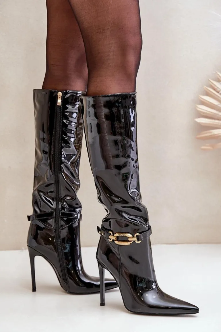 Lakierowane Kozaki Na Szpilce Ze Złotą Ozdobą Czarne Tistaria