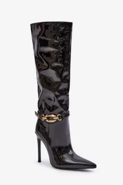 Lakierowane Kozaki Na Szpilce Ze Złotą Ozdobą Czarne Tistaria