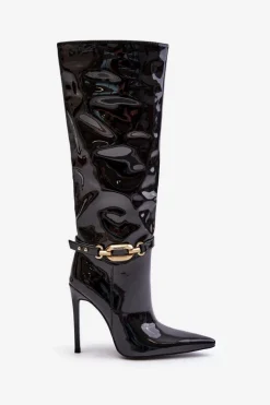 Lakierowane Kozaki Na Szpilce Ze Złotą Ozdobą Czarne Tistaria