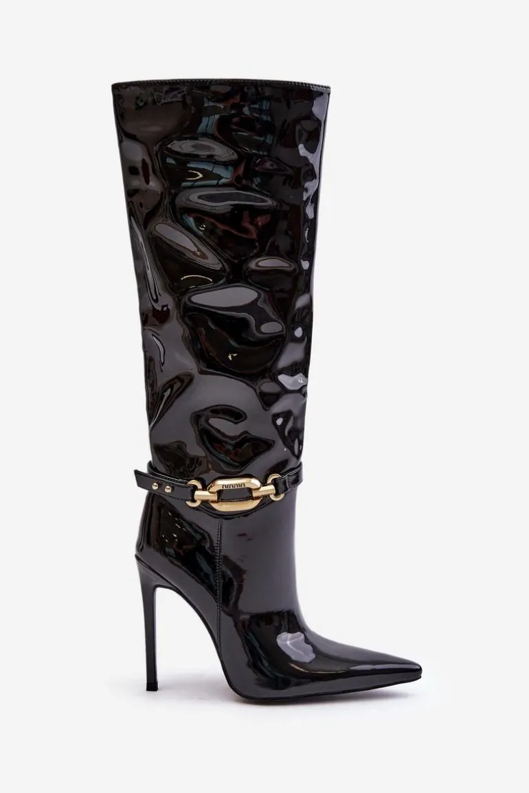 Lakierowane Kozaki Na Szpilce Ze Złotą Ozdobą Czarne Tistaria