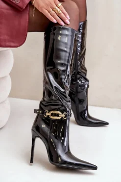 Lakierowane Kozaki Na Szpilce Ze Złotą Ozdobą Czarne Tistaria