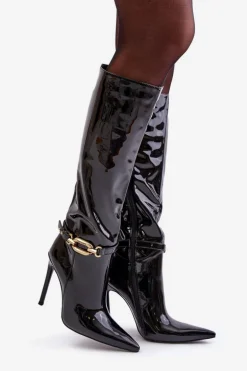 Lakierowane Kozaki Na Szpilce Ze Złotą Ozdobą Czarne Tistaria