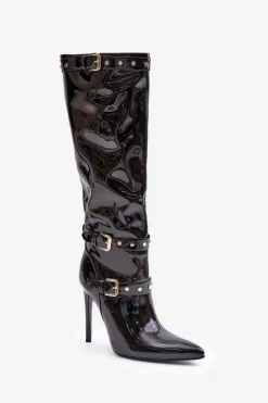 Lakierowane Kozaki Na Szpilce Z Klamrami Czarne Emiraethe