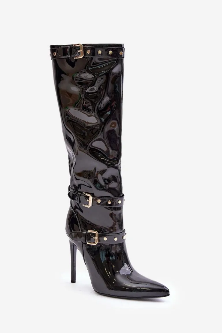 Lakierowane Kozaki Na Szpilce Z Klamrami Czarne Emiraethe