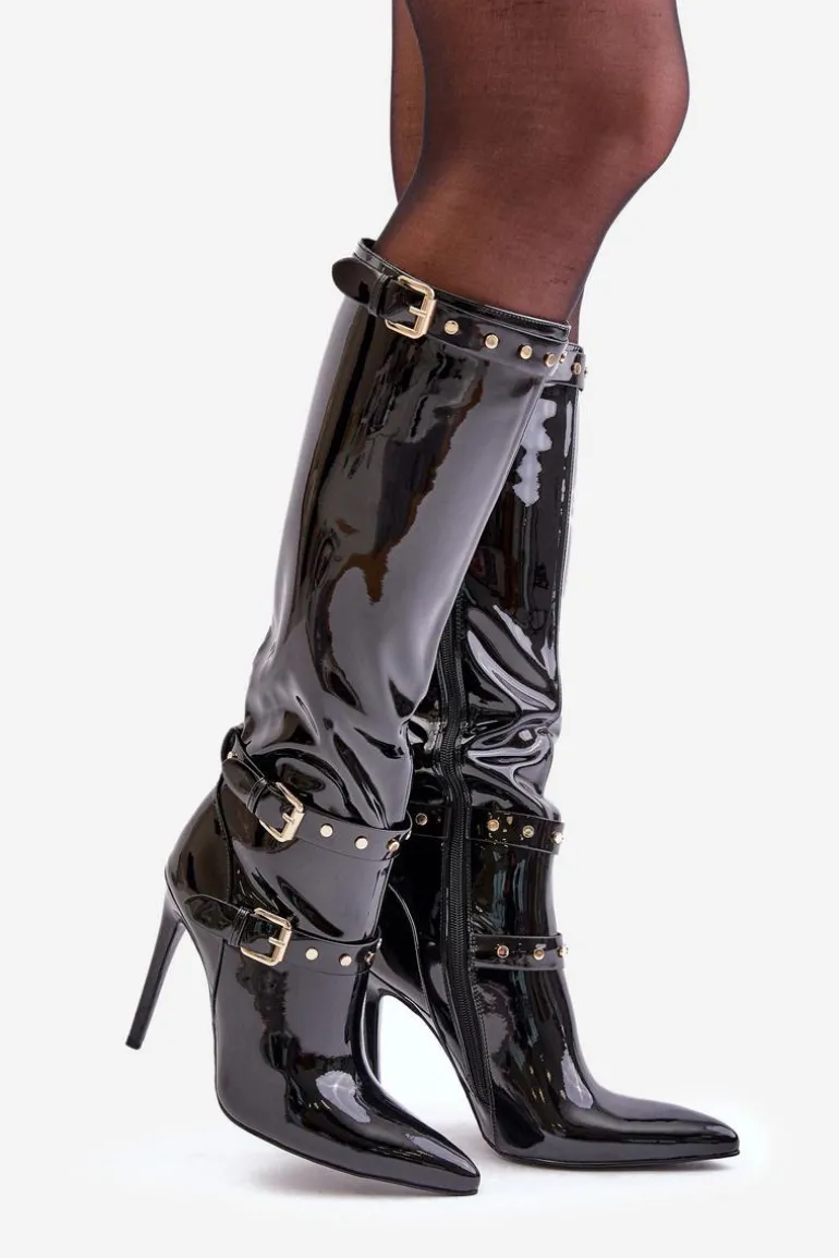 Lakierowane Kozaki Na Szpilce Z Klamrami Czarne Emiraethe