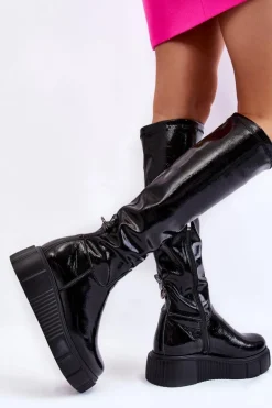 Lakierowane Kozaki Przed Kolano Na Platformie Czarne Spectrum