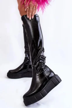 Lakierowane Kozaki Przed Kolano Na Platformie Czarne Spectrum