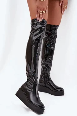 Lakierowane Kozaki Za Kolano Na Platformie I Delikatnym Koturnie Czarne Tavina